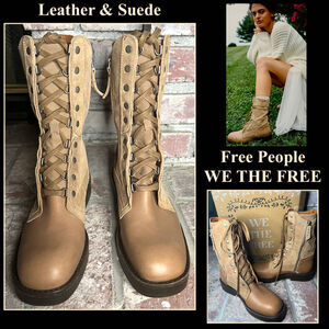 Free People We The Free Jesse Lace Up Fawn Leather Suede Side Zip Boots Size 7